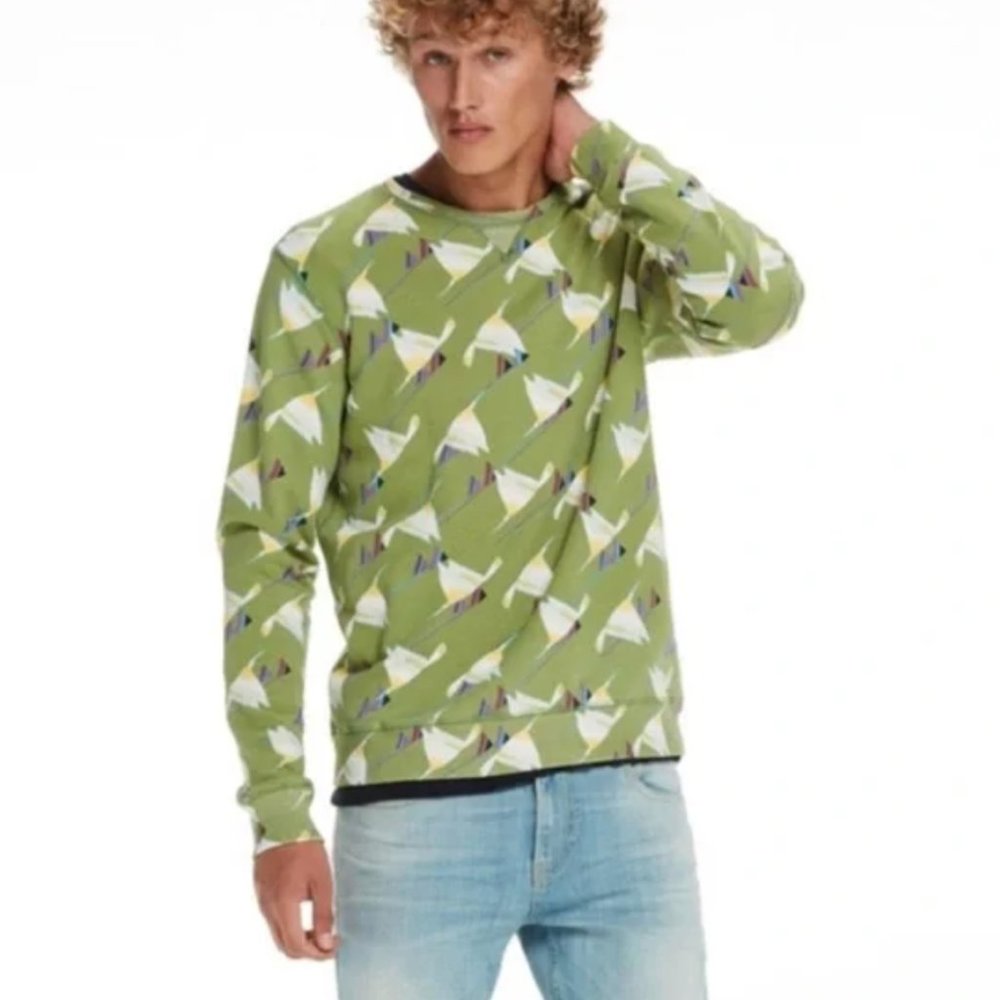 Scotch & Soda Men's Crewneck Sweatshirt, Green Crane Bird Print, Size M